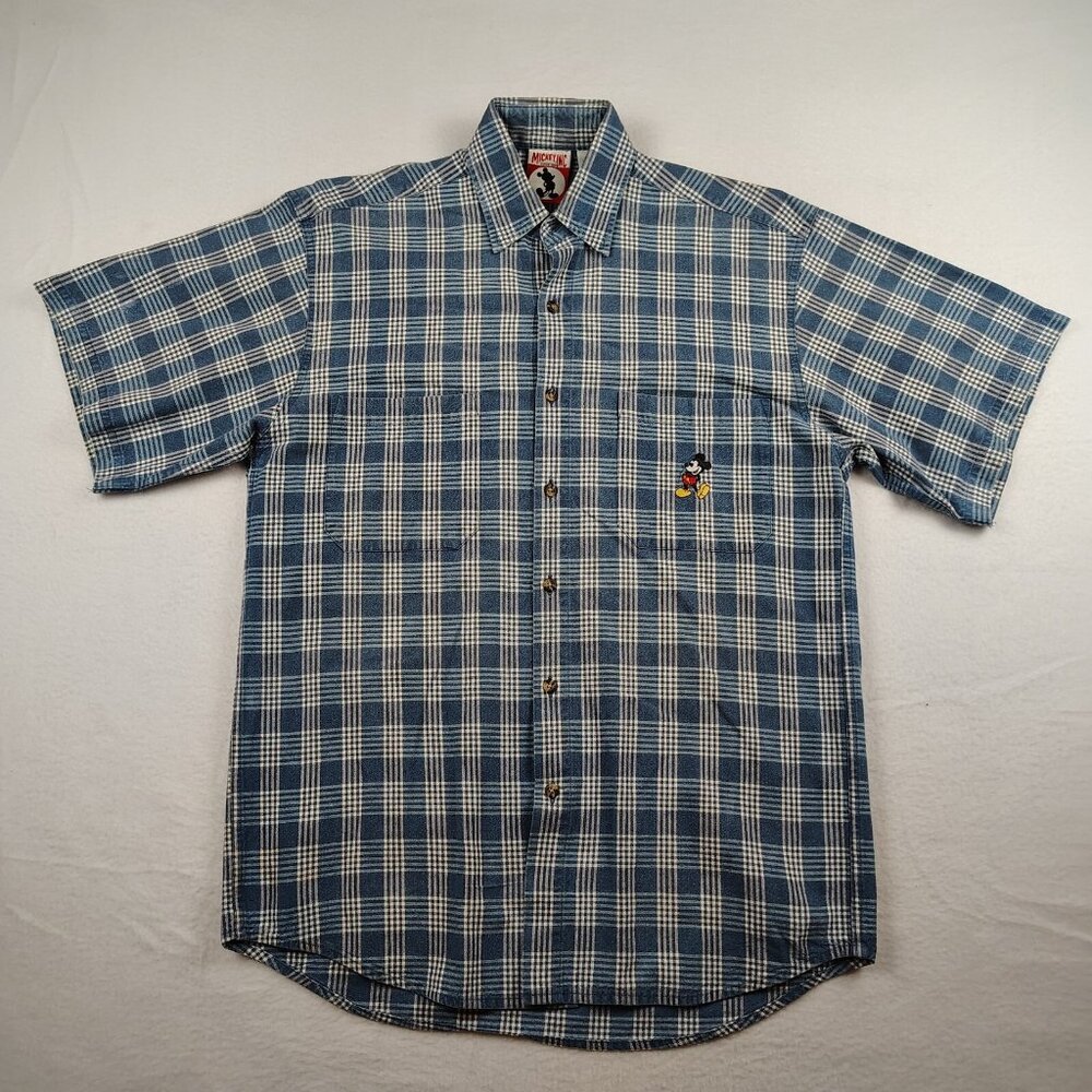 Vintage Mickey Inc Mickey Mouse Blue Plaid Button Up Shirt Mens Small